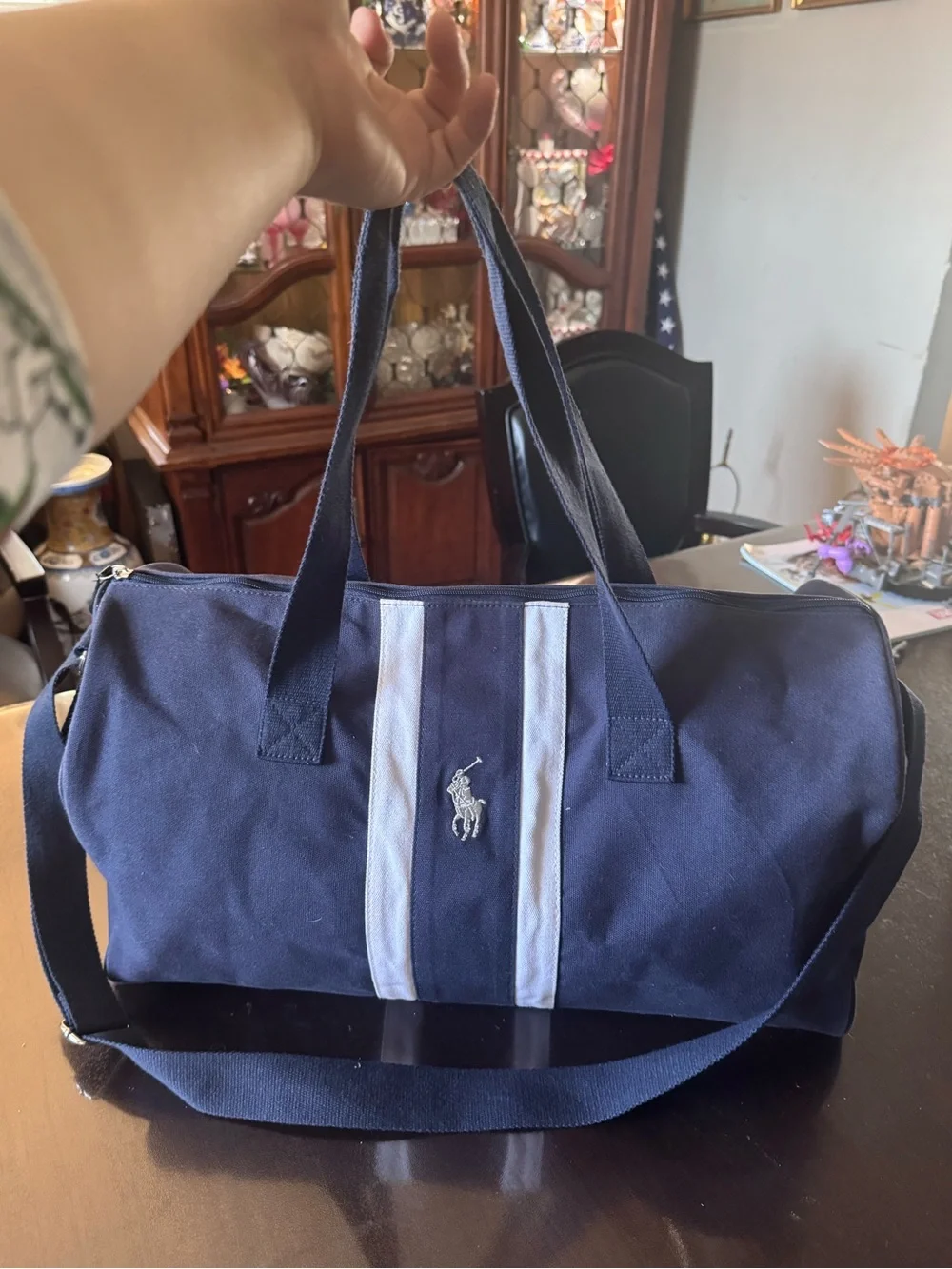 Ralph Lauren Navy Duffel with White Center Stripe and Polo Logo